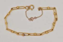 A 9CT GOLD BRACELET, fancy links with applied bead work, fitted with a spring clasp and additional