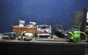 A COLLECTION OF POWER TOOLS AND A TOOLBOX containing sockets etc, a steering lock, a Bosch planer, a