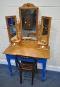 A PARTIALLY BLUE PAINTED PINE SIDE TABLE, with a single drawer, width 92cm x depth 45cm x height