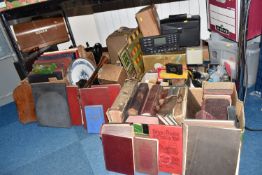 FIVE BOXES AND LOOSE MISCELLANEOUS ITEMS to include a WW2 Child's gas mask (do not wear due to