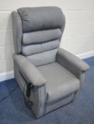 A GREY UPHOLSTERED ELECTRIC RISE AND RECLINE ARMCHAIR, width 80cm x depth 88cm x height 116cm,
