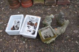 FOUR CONCRETE GARDEN FIGURES AND TWO SMALL BELFAST SINKS, including a donkey and cart, two