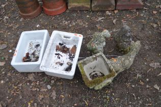 FOUR CONCRETE GARDEN FIGURES AND TWO SMALL BELFAST SINKS, including a donkey and cart, two