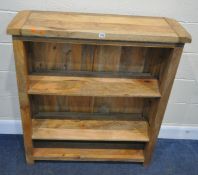 A MODERN HARDWOOD OPEN BOOKCASE, width 98cm x depth 32cm x height 110cm, condition report: marks,