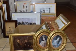 TWO BOXES OF ASSORTED PRINTS ETC, to include four Bernard Vogel Venetian scenes, a miniature Liz