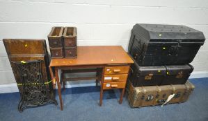 A BESPOKE 20TH CENTURY DESK, with a brushing slide, three drawers, and a drop end, two traveling