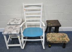 A WHITE PAINTED ROCKING CHAIR, with open armrests, and blue leatherette upholstery, width 54cm x