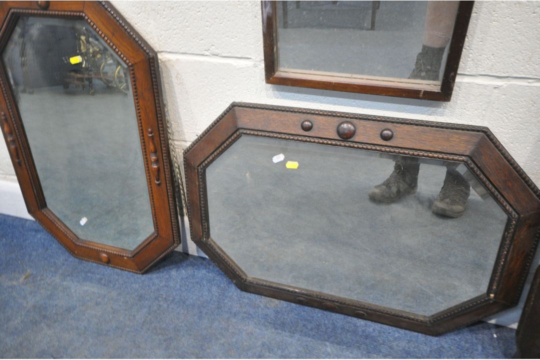 FOUR 20TH CENTURY OAK FRAMED WALL MIRRORS, varying in shape and size, largest 82cm x depth 51cm, - Image 5 of 5