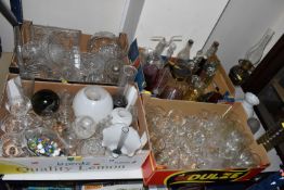 FOUR BOXES AND LOOSE ASSORTED GLASSWARE to include a Duplex oil lamp, height 53cm, a box of assorted