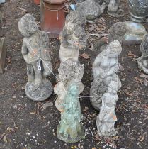 SEVEN CONCRETE GARDEN FIGURES, including a Deco style young girl, a Roman Bust, a Grecian lady