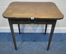 A MAHOGANY SIDE TABLE, with a copper trim, a single frieze drawer, raised on square tapered legs,