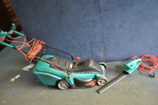 A BOSCH ROTAK 40-17 ERGO ELECTRIC LAWN MOWER with collection box and a Bosch AHS 50-16 hedge trimmer