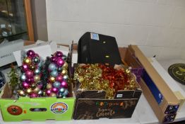 THREE BOXES AND LOOSE MISCELLANEOUS ITEMS, included a selection of Christmas decorations including