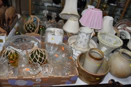 TWO BOXES AND LOOSE GLASS, LAMPS AND SUNDRY ITEMS, to include two oil lamps, one of column style