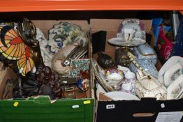 TWO BOXES OF ASSORTED DECORATIVE ITEMS to include two Midwinter 'Cannes' dinner plates and a