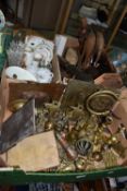 THREE BOXES OF METAL WARE, CERAMICS, GLASS AND TREEN, to include a collection of brass wares, a