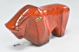 A MID-CENTURY BAY WEST GERMAN BULL SCULPTURE of an abstracted form with a red glaze, 'Bay' sticker
