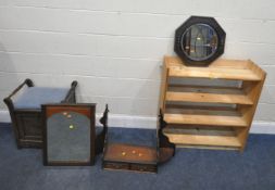 A MODERN PINE FOUR TIER OPEN BOOKCASE, width 84cm x depth 28cm x height 91cm, a wall mirror, a