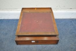 A MAHOGANY WRITING SLOPE, with a hinged lid, and a single drawer, width 46cm x depth 44cm x height