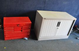 AN ENGINEERS METAL TOOLCHEST AND A METAL CUPBOARD CONTAINING TOOLS, including pop riveter,