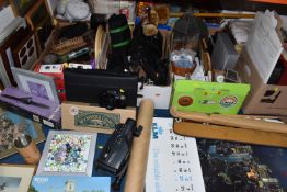 SEVEN BOXES AND LOOSE MISCELLANEOUS ITEMS to include two leather tobacco jars (one filled with