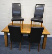A MODERN OAK RECTANGULAR DINING TABLE, length 180cm x depth 90cm x height 77cm, along with a set