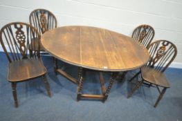 A 20TH CENTURY OAK BARLEY TWIST GATE LEG TABLE, open width 148cm x closed width 52cm x depth 104cm x