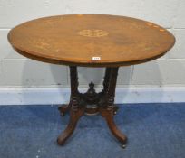 A REPRODUCTION OVAL CENTRE TABLE, with marquetry inlay, raised on turned supports, and four