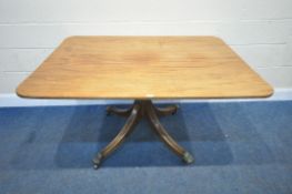 A 19TH CENTURY TILT TOP BREAKFAST TABLE, with a turned supports, raised on four splayed legs, with