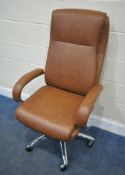 A MODERN BROWN LEATHER SWIVEL OFFICE CHAIR, width 67cm x depth 74cm x height 123cm, condition