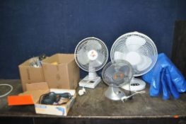 THREE FANS AND TWO TRAYS CONTAINING TOOLS, including a Black and Decker drill, all four PAT pass and