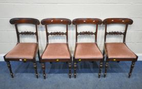 A SET OF FOUR MAHOGANY DINING CHAIRS, with scrolled crest, shaped bar back, pink drop in seat