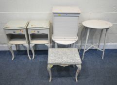 A SELECTION OF WHITE PAINTED OCCASIONAL FURNITURE, to include an oak tambour front cabinet, width