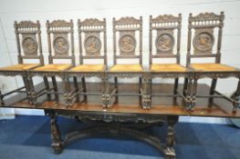A 20TH CENTURY OAK BRETON DRAW LEAF BRETON TABLE, with scrolled apron, raised on male and female