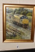 JOHN LINES (1938) 'OUT TO GRASS', a single locomotive engine and a male figure beside the tracks,