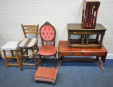 A SELECTION OF OCCASIONAL FURNITURE, to include a drop leaf table, with two drawers, an oak nest