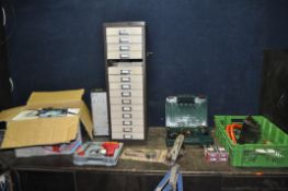 A VINTAGE METAL FILE CABINET, A TRAY CONTAINING TOOLS AND POWER TOOLS including a Bosch PSR14.4