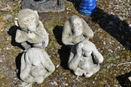 FOUR COMPOSITE MONKEY GARDEN STATUES, depicting the see no evil, hear no evil, speak no evil