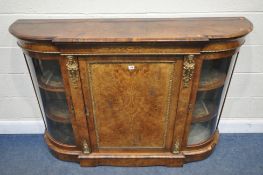 A VICTORIAN WALNUT AND MARQUETRY INLAID BREAKFRONT CREDENZA, with a large central door, flanked by