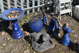 A SELECTION OF BLUE GLAZED GARDEN ITEMS, to include a three part figure of the Loch ness monster,