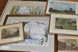 SIX WATERCOLOURS AND PRINTS, comprising of two John Mellor watercolours depicting a winter landscape