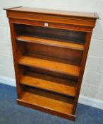 A YEW WOOD OPEN BOOKCASE, with three adjustable shelves, width 91cm x depth 34cm x height 137cm,