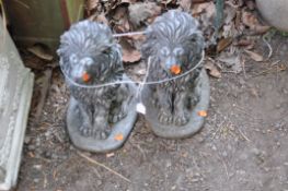 A PAIR OF MODERN CONCRETE GARDEN FIGURES, in the form of seated lions, both heights 42cm