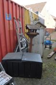 A TALL WOODEN GARDEN TOOL SHED, a plastic storage unit, a step ladder and a dovecote on stand (4)