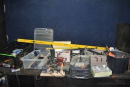 FIVE TRAYS AND A BUCKET CONTAINING TOOLS including a Bosch drill, a Bosch router, a Makita sander (