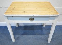 A PARTIALLY WHITE PAINTED KITCHEN TABLE, with a single drawer, width 94cm x depth 69cm x height
