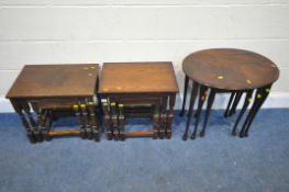 TWO OAK NEST OF THREE TABLES, largest table width 48cm x depth 34cm x height 47cm, along with a