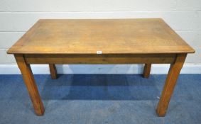 A 20TH CENTURY OAK RECTANGULAR TABLE, raised on square chamfered legs, length 138cm x depth 76cm x