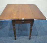 A 19TH CENTURY MAHOGANY DROP LEAF TABLE, with a single frieze drawer, a dummy drawer, raised on