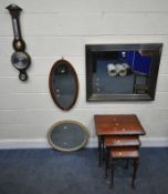 A MODERN RECTANGULAR WALL MIRROR, 85cm x 70cm, two other wall mirrors, a stick barometer, and a nest